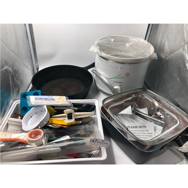 Crock Watcher , Gotham Steel, Cast Iron Pan And Assorted Kitchen Ware