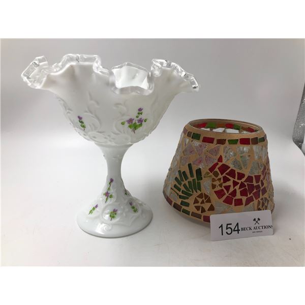 Hand Painted Milk Glass Goblet And StainGlass Candle Shade With Tealights
