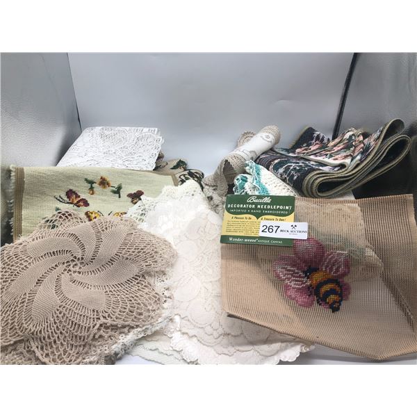 Large Assortment Of Tapestries Doylies, And Table Runners