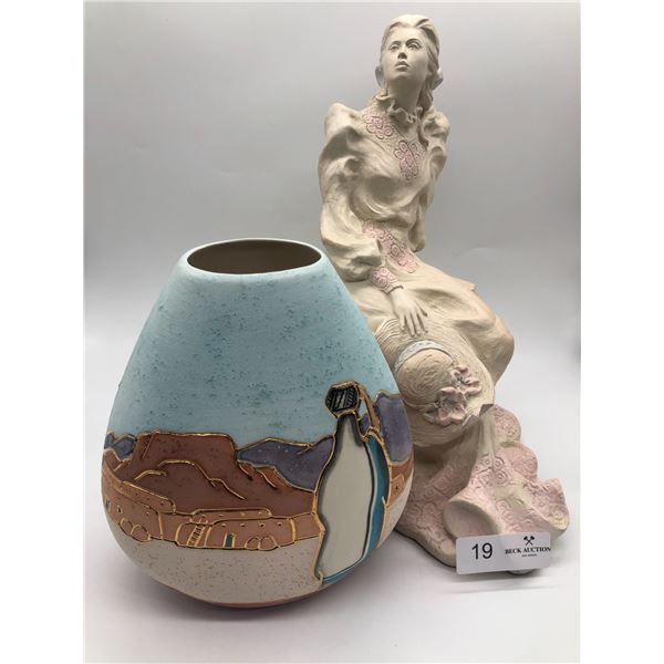 Decorative Women Statue And Decorative Gold Lined Vase