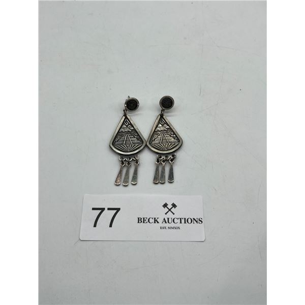 Silver mayan temple earrings