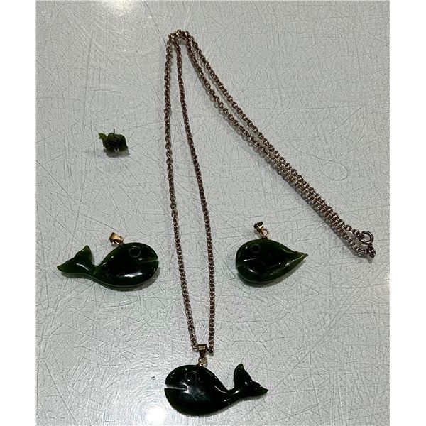 Three Green Stone Whale Pendants, Copper Chain, and a Green Earring
