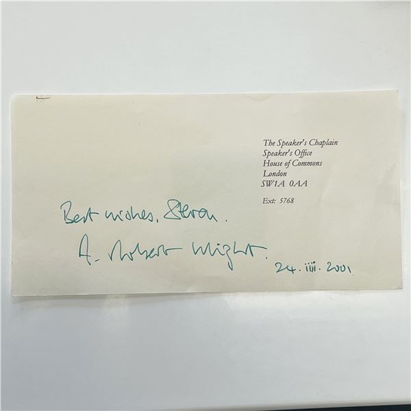 Chaplain to the Speaker of the House of Commons Robert Wright signed note