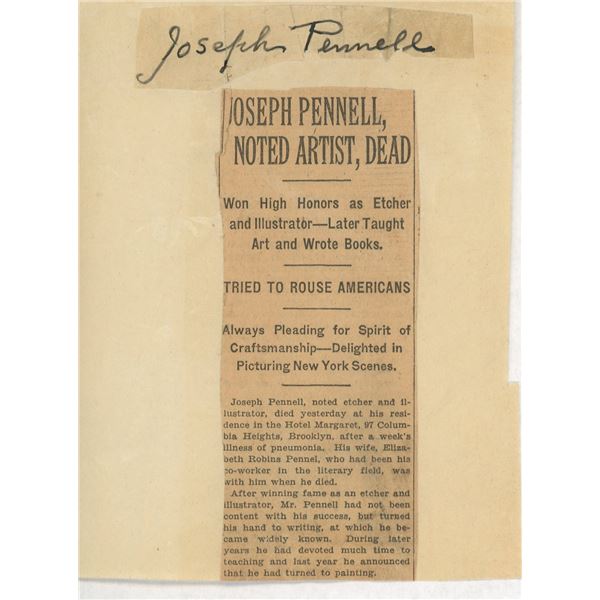 Rare Joseph Pennell original signature and newspaper clipping