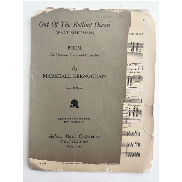 Composer John Marshall Kernochan signed Out Of The Rolling Ocean sheet music