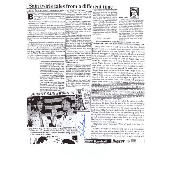 Johnny Sain signed newspaper clipping