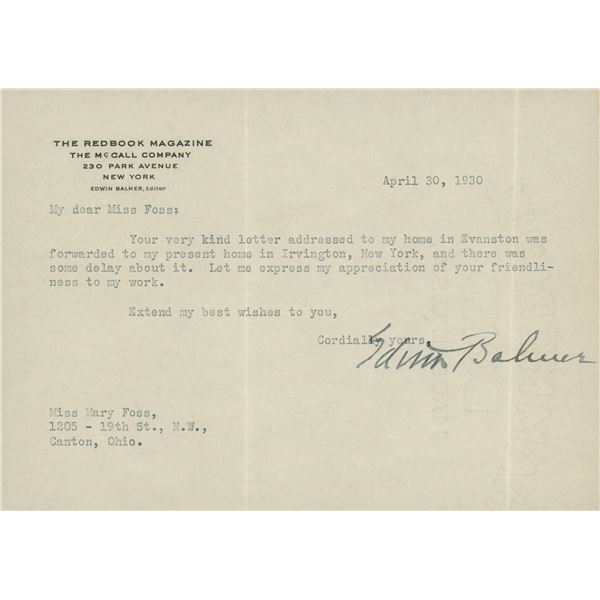 Personal note signed by Edwin Balmer