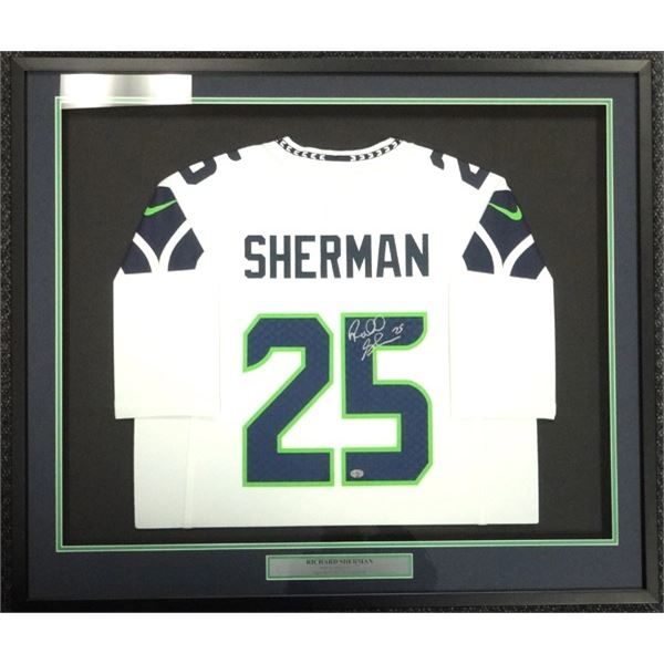 RICHARD SHERMAN SIGNED AND CUSTOM FRAMED SEATTLE SEAHAWKS JERSEY (BECKETT COA)