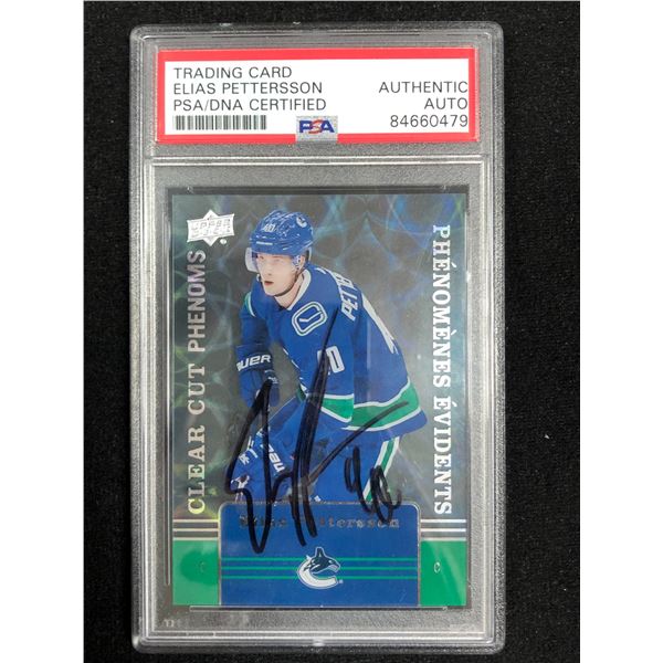 201-20 UPPER DECK TIM HORTONS ELIAS PETTERSSON SIGNED CLEAR CUT RC  (PSA AUTHENTIC)