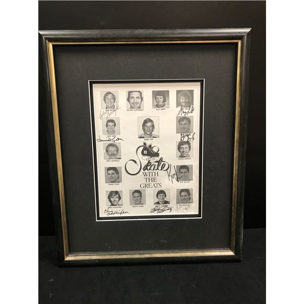 VINTAGE SKATE WITH THE GREAT SIGNED AND FRAMED 8 X 10 (BUCYK, KEON,SMITH, SMYL,MCLEAN...)