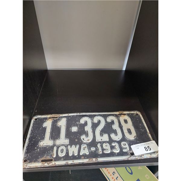 1939 IOWA LICENSE PLATE