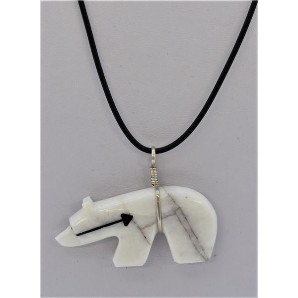 Zuni White Marble Bear Fetish Pendant Necklace