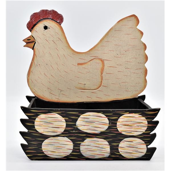 Folk Art Hand Painted Wooden Chicken Box
