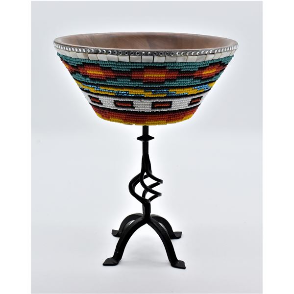 Sioux Hand Beaded Wood Pedestal Bowl