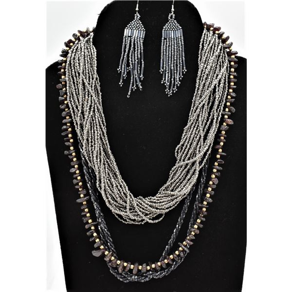 3 Bead Necklaces and 1 Pair of Beaded Earrings