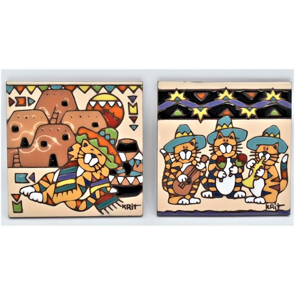 2 Earthtones Kitty Cat Ceramic Tiles
