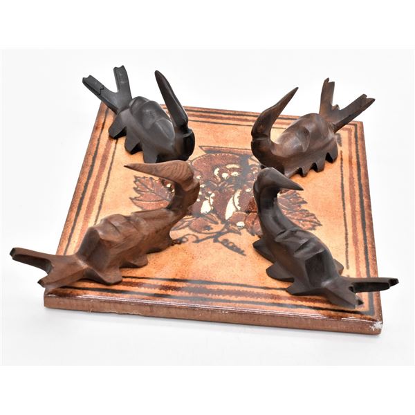 4 Carved Ironwood Scorpions and Ceramic Tile