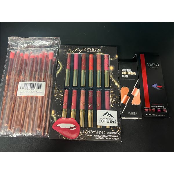 Lot of Assorted Makeup - Brushes, Liquid Lipstick Set, Lip Liner Set, and Contour Sticks