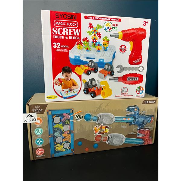 Lot of 2 Assorted Kids Toys - Dinosaur Shooting/Target Game & Truck/Block Toy Set