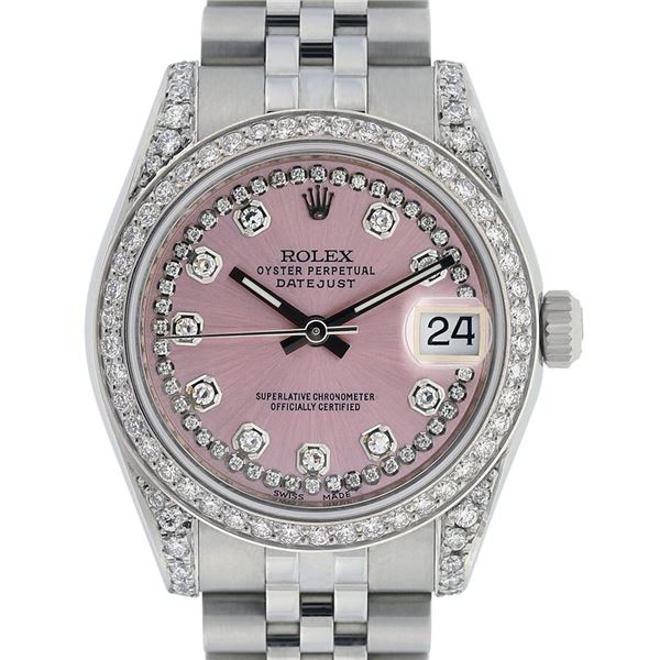 Rolex Womens Midsize 31mm Pink Diamond Datejust Wristwatch