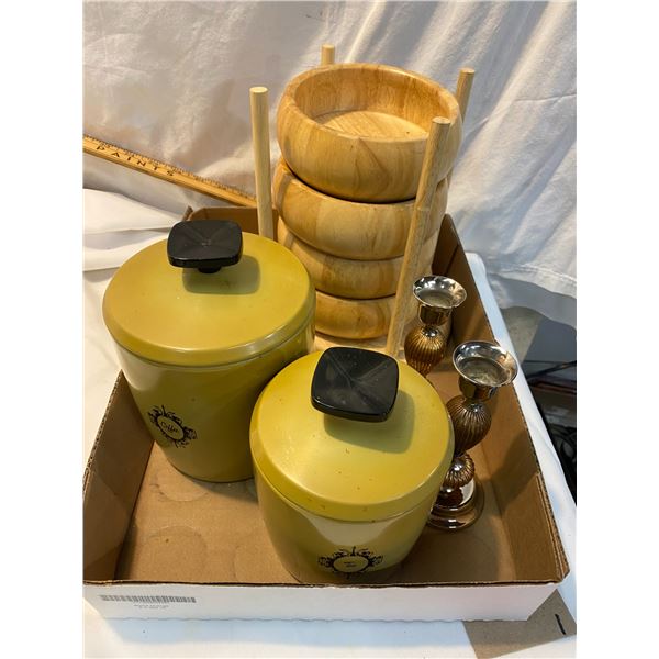 Wood bowls, canisters and candle stick holders