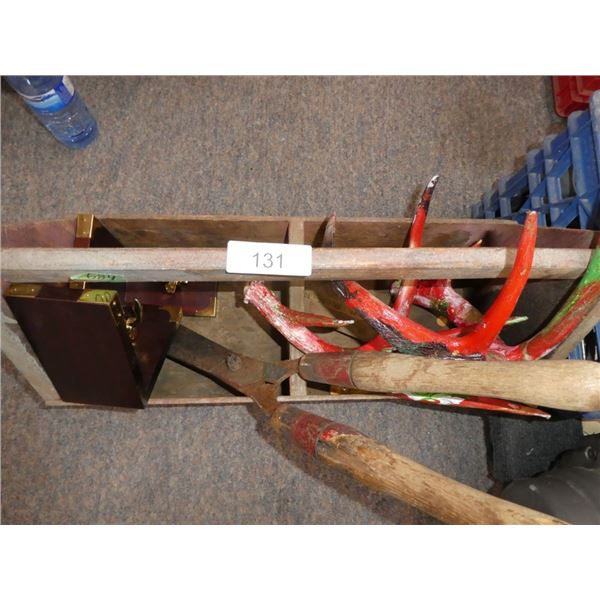 wooden tool box w/ tools, book ends
