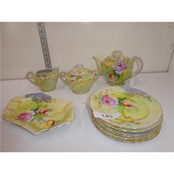 vintage plates, teapot, cream & sugar pots