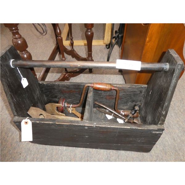 wooden tool box w/ vintage tools