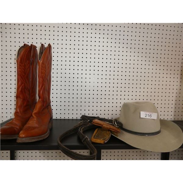 cowboy hat, boots, belt, wallets