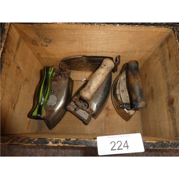 vintage irons, vintage wooden ammunition box