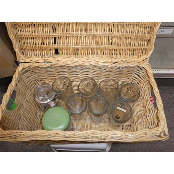wicker basket, sundae cups, vintage can,