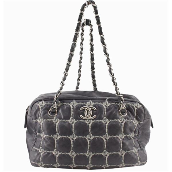 Chanel Gray Lambskin Leather Chocolate Bar Tweed Stitch Bowler Shoulder Bag