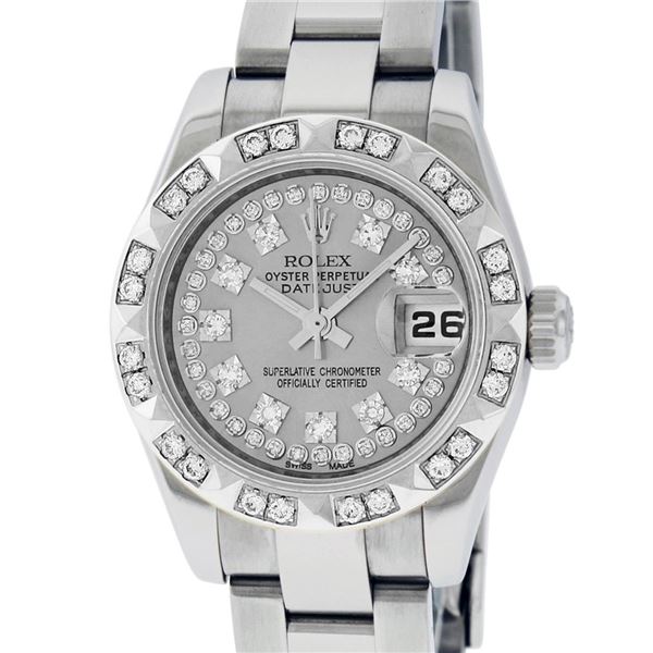 Rolex Ladies New Style Quickset Datejust Silver String Diamond Wristwatch