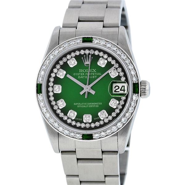 Rolex Womens Midsize 31mm Green Vignette String Diamond & Emerald Datejust Wrist