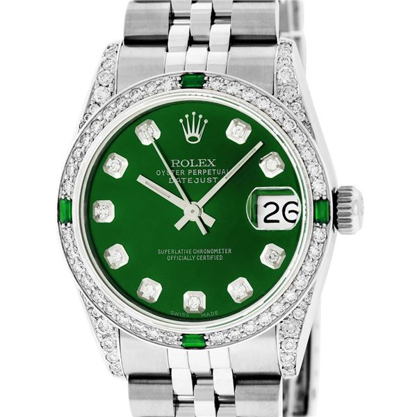 Rolex Women Midsize 31mm Green Diamond Lugs & Emeralds Datejust Wristwatch