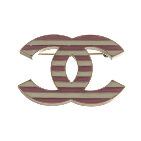 Chanel Pink White Striped CC Enamel Brooch