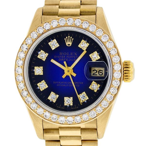 Rolex Ladies 18K Yellow Blue Vignette 1 ctw Diamond President Wristwatch