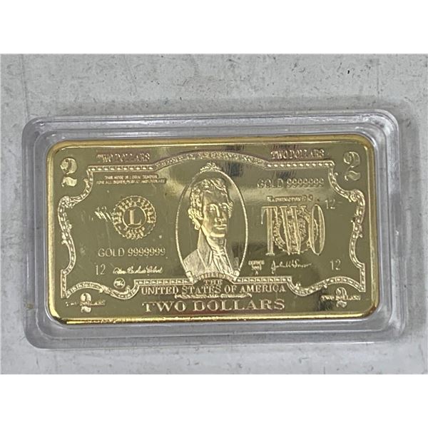 USA Two Dollar Commemorative Gold Plated Wafer Bar