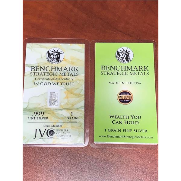 LOT of 2 - Benchmark Metals Pure .999 Silver Wafer Bars, 1 grain