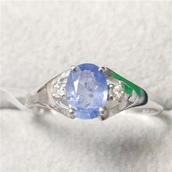 10K White Gold Ceylon Sapphire(0.9ct) Diamond(0.045ct) Ring (~Size 7) (~weight 1.31g), Made in Canad