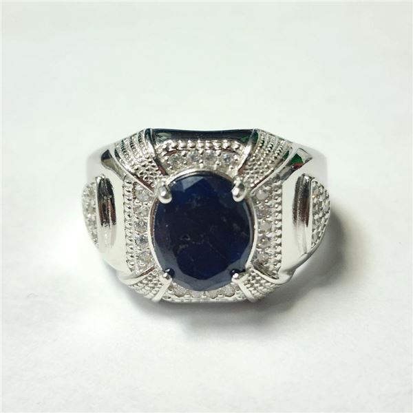 Silver Sapphire(3ct) Cubic Zirconia(0.68ct) Ring (~weight 7.14g), Appraised Retail $865