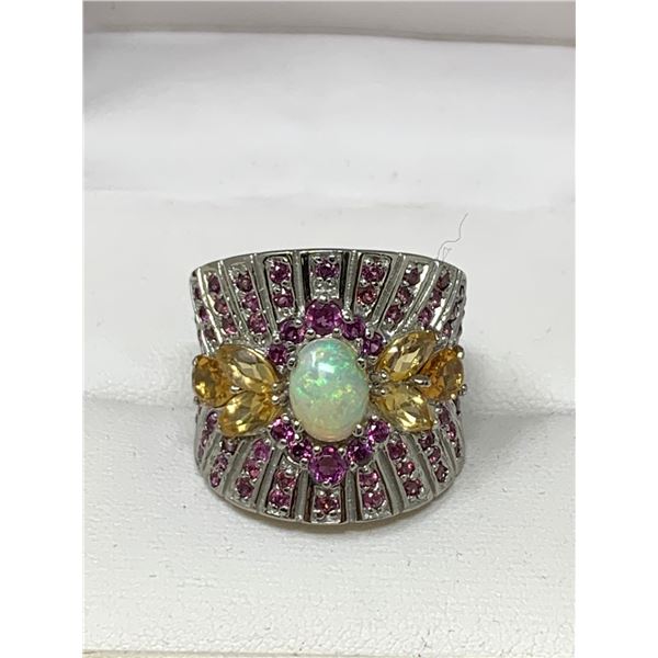 Natural Fire Opal Solitaire Garnet cluster Ring  4.52 Carat stones in .925 Silver