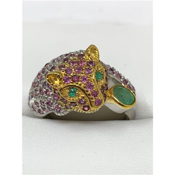 Ladies Emerald & Garnet Gemstone .925 Cat Ring with certificate value $1200.00