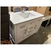 Image 1 : White Vanity with internal Electrical Outlets, Single Sink & Fixture - Some damage to top drawer han