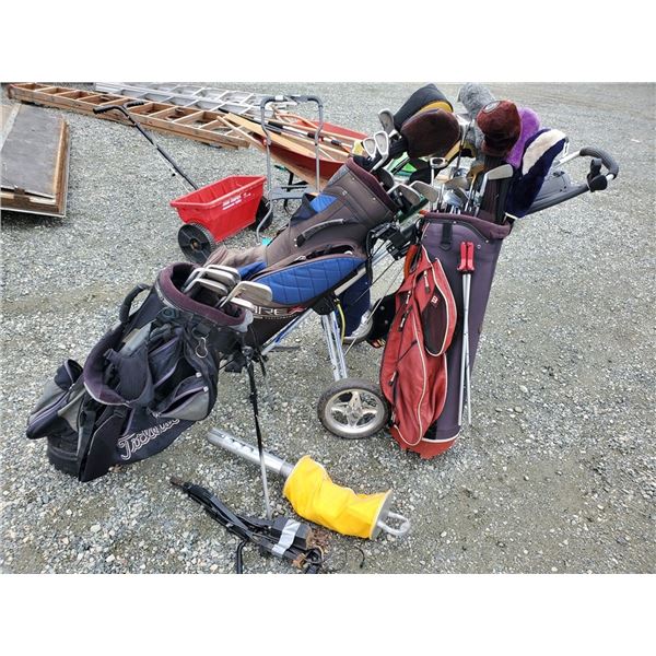 3 sets of golf clubs & folding pull cart