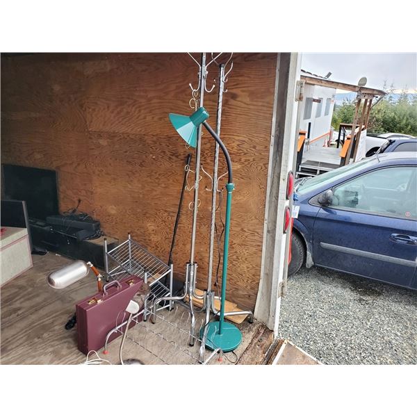 lot of misc, 3 lamps, 2 coat trees and more