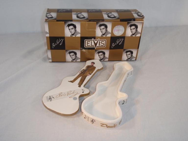 Ceramic Elvis guitar shaped jewelry box with gold accents by Vandor 1997
