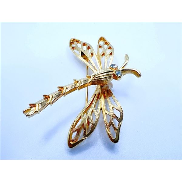 SPRING HINGED GOLD TONE DRAGFLY BROOCH
