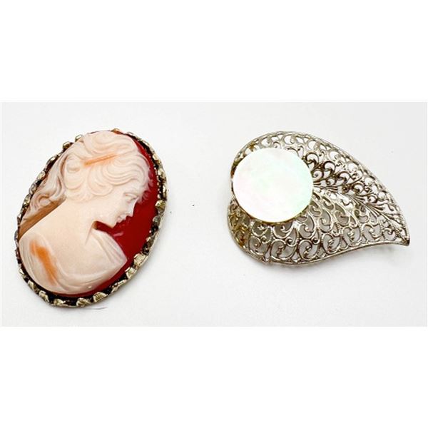 2 BROOCHES, (1 CAMEO, 1 SILVER TONE)
