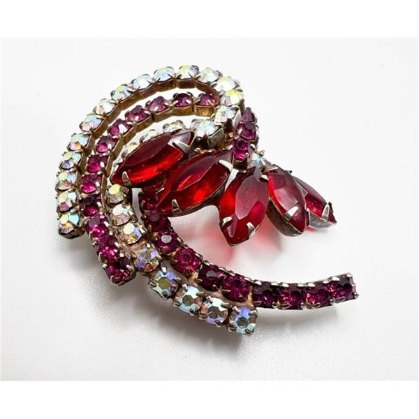 RED & CLEAR RHINESTONE SWIRL BROOCH